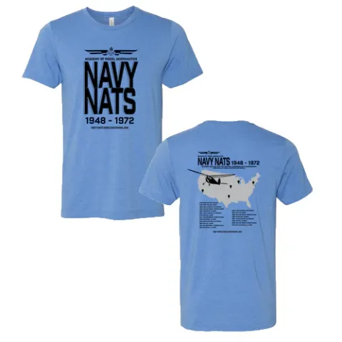 Blue t-shirt with "Navy Nats 1948 - 1972" design in black text.