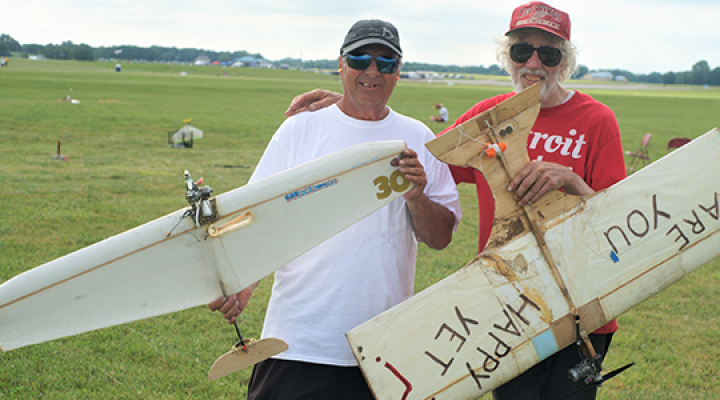 Pete Athans (L) with a foam F2D model and Ed Brzys with a well-worn Speed Limit model. Pete and his teammate, Chris Gay, were the only two pilots flying foam models in F2D Fast. They took first and second place. Advantage foam?