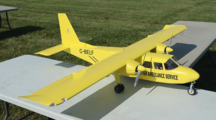Yellow model airplane on a table in a grassy area.